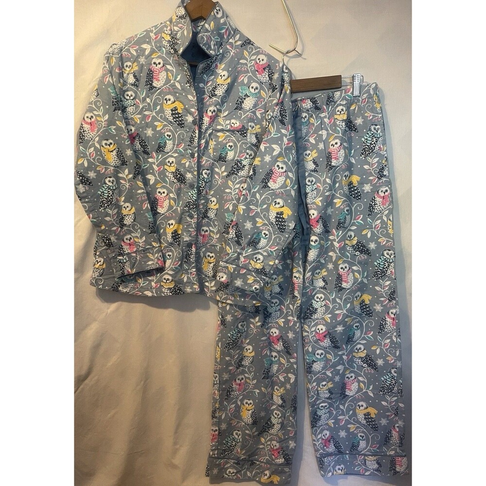 NICK & NORA Blue Snow Owls Cotton Flannel Top S Pants M Pajama Set S M